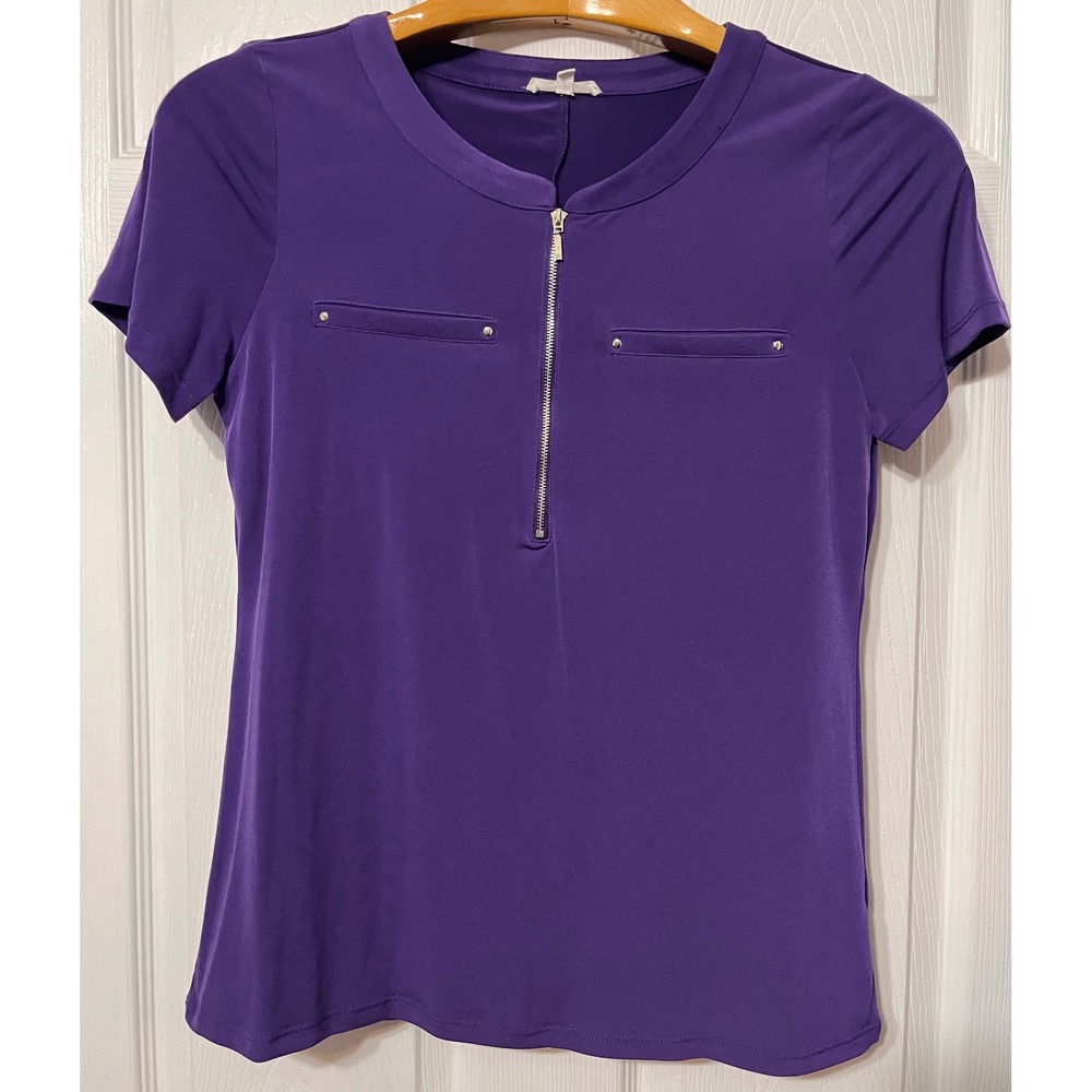 Ava James Purple Short Sleeve Half Zip Studded Pocket Blouse Top Womens Medium